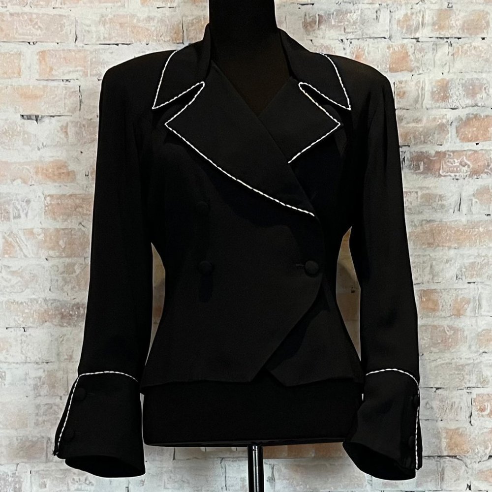 Vintage Nina K Black Double Breasted Waiter Jacket Top Stitching